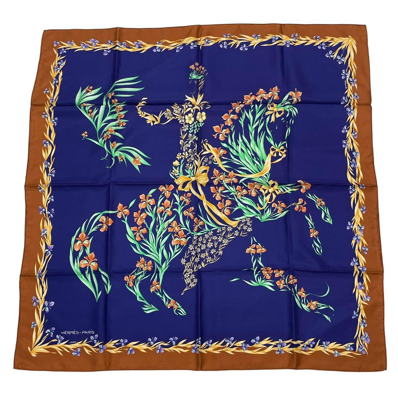 新品同様 HERMES エルメス スカーフ シルク カレ90 CHEVAL fleuri 花咲く馬 ブルー｜Tokyo Vintage Brand