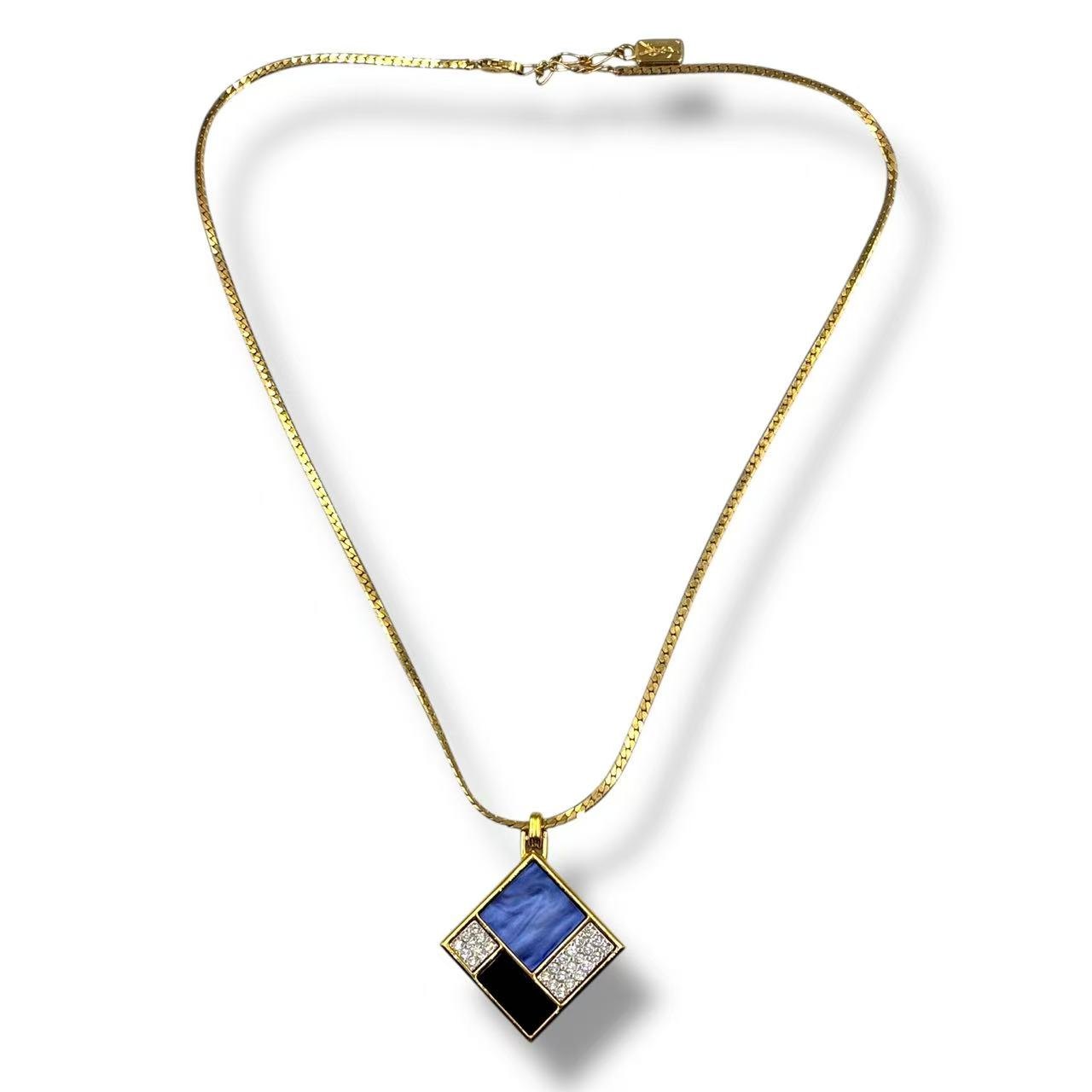 極美品 YVES SAINT LAURENT イブサン ローラン ネックレス ブルー＆ブラックパネル ラインストーン ゴールド｜Tokyo Vintage Brand