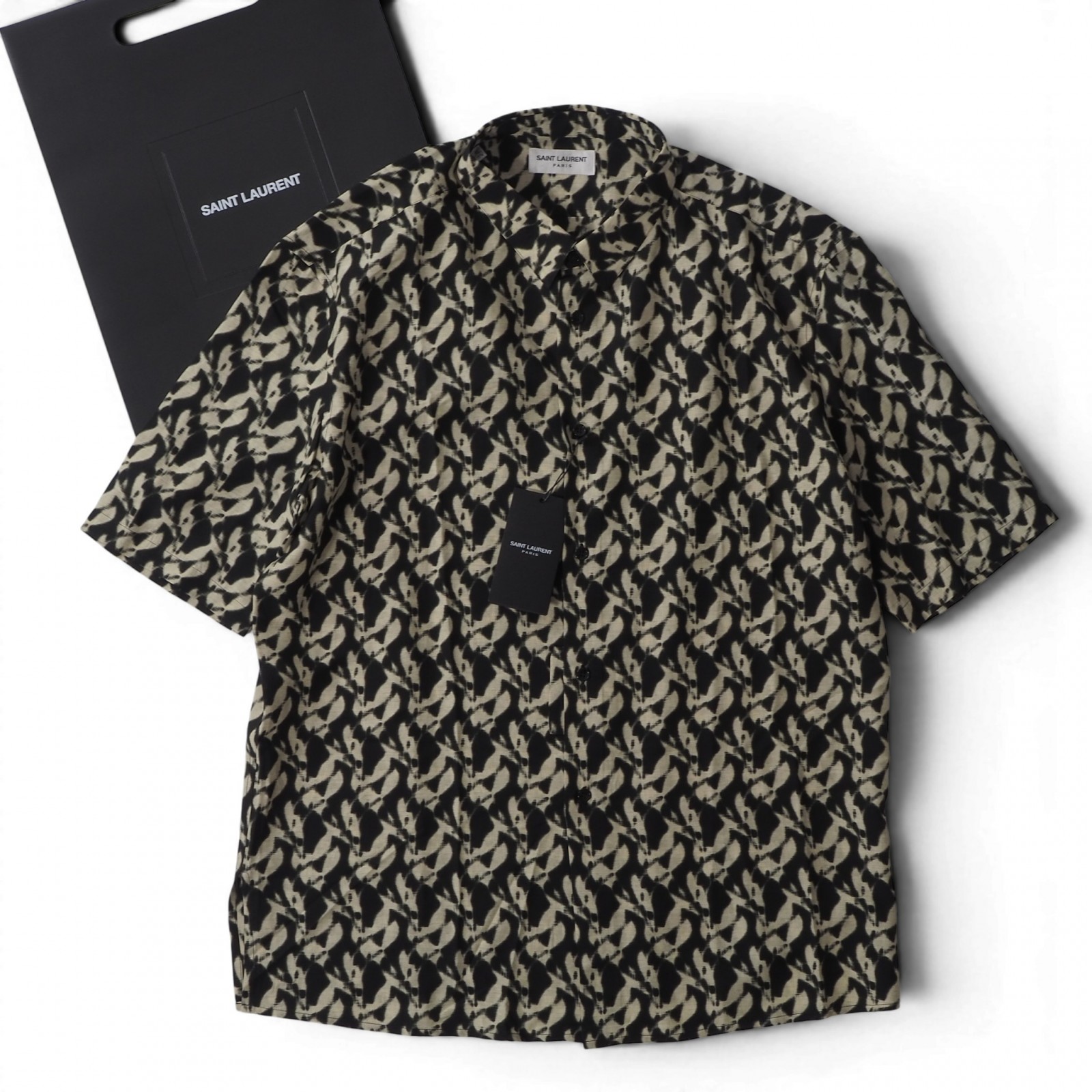 未使用 サンローランパリ SAINT LAURENT PARIS シルク 半袖 シャツ 40 ブラック ベージュ メンズ 正規品 6-HT006