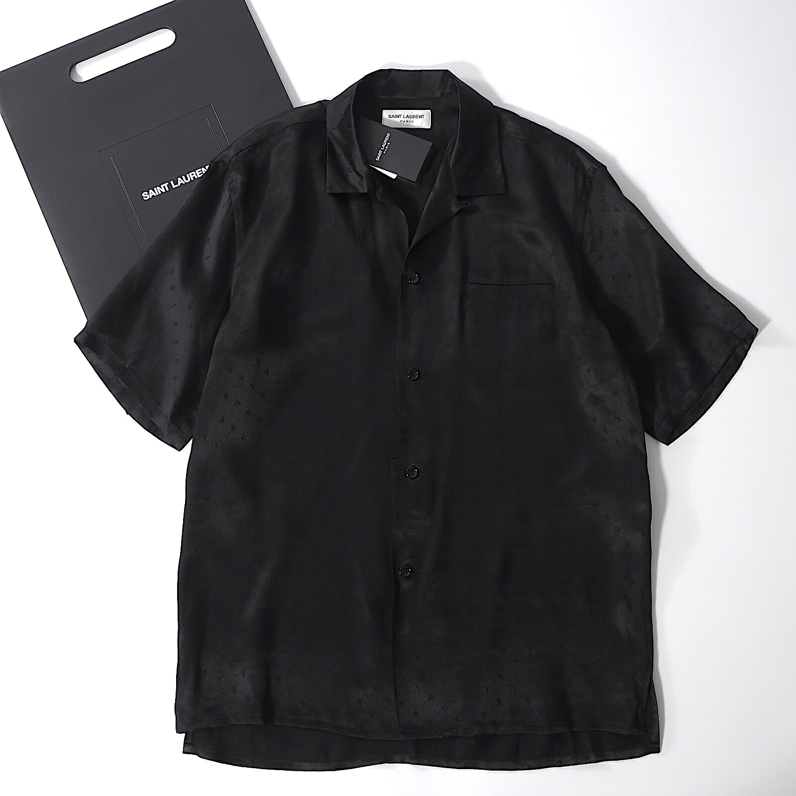 未使用 サンローランパリ SAINT LAURENT PARIS ピュアシルク 半袖 シャツ 39 ブラック メンズ 正規品 6-HT007