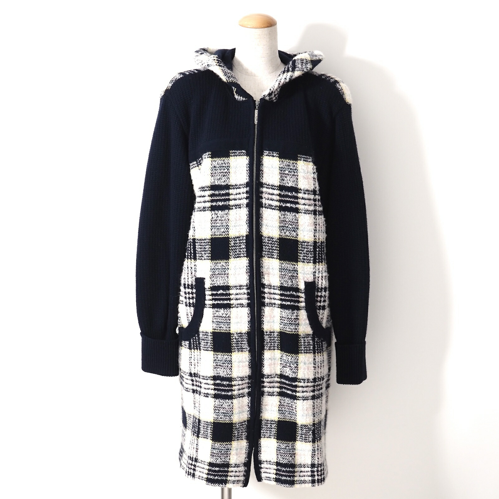 クレージュ courreges ヴィンテージ フード付き ロング丈 パーカー ワンピース 9 ネイビー/ホワイト レディース 正規品