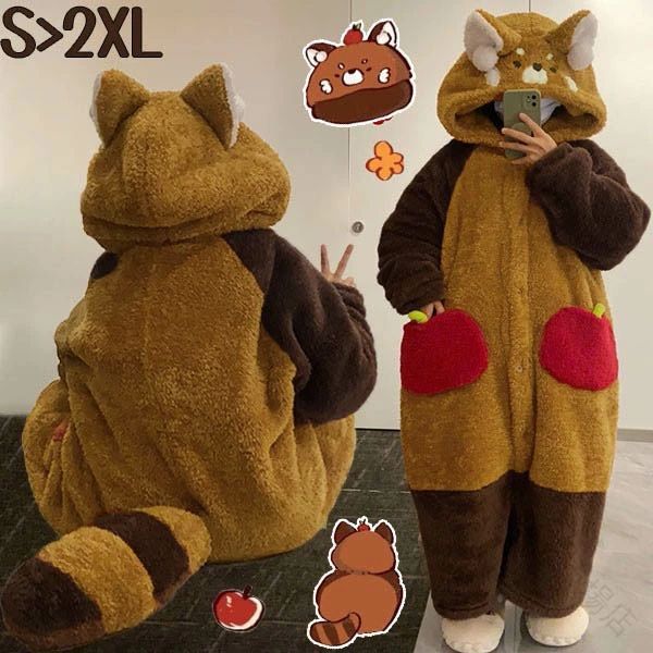 あっ暖かい部屋着フード付き寝巻き前開き大きいサイズレッサーパンダ着る毛布ナイトガウン長袖冬用パジャマもこもこ厚手保温性抜群快適ルームウェア