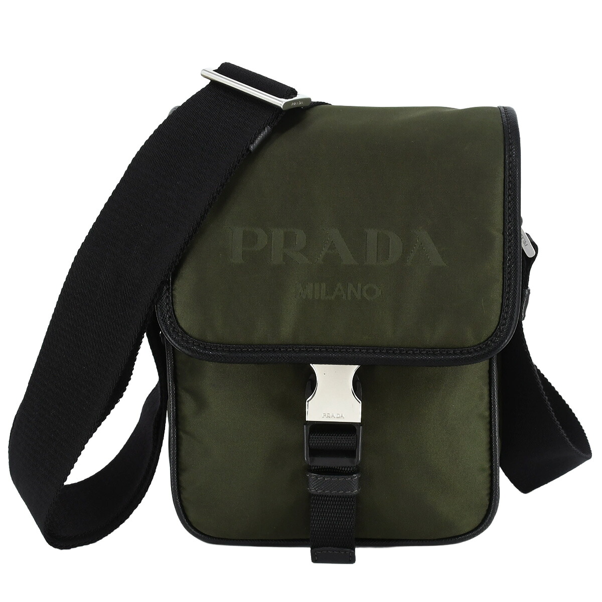 【クーポンでお得×さらにポイントUP】 プラダ PRADA トライアングルロゴ ショルダーバッグ クロスボディ ポシェット ナイロン Re-Nylon サフィアーノレザー カーキ ブラック シルバー金具 2VD028【中古】