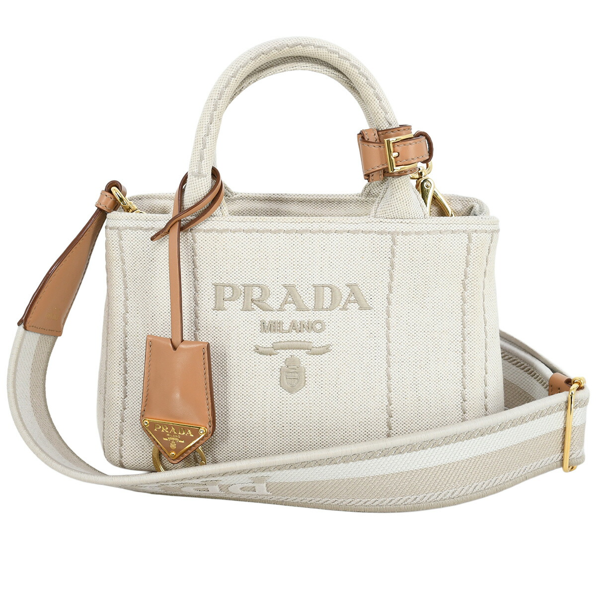 【クーポンでお得×さらにポイントUP】 プラダ PRADA リネンブレンド ミニ ハンドバッグ ミニ カナパ 2way ショルダーバッグ トート レディース キャンバス レザー ナチュラル 1BA038【中古】