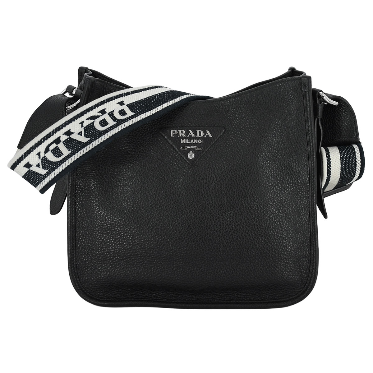 【クーポンでお得×さらにポイントUP】 プラダ PRADA メタルロゴ ショルダーバッグ クロスボディ レディース ヴィッテロダイノ レザー シルバー金具 ブラック 黒 1BC073 【中古】