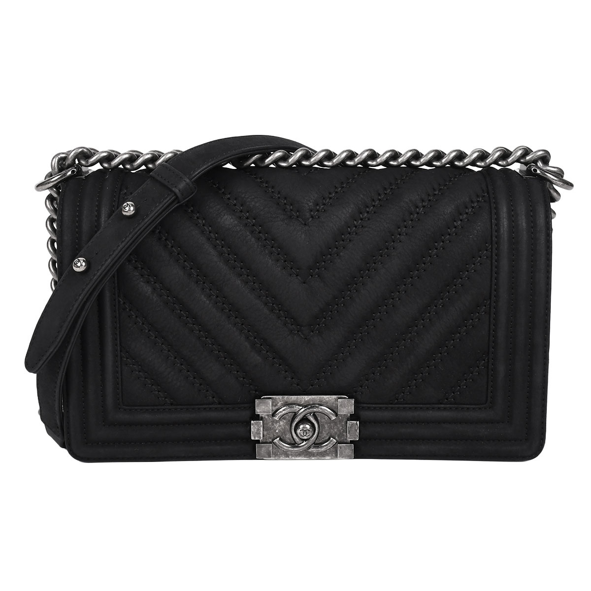シャネル CHANEL ボーイシャネル 25 Vステッチ シェブロン チェーン ショルダーバッグ 斜め掛け 肩掛け レディース レザー ブラック 黒 A67086【中古】