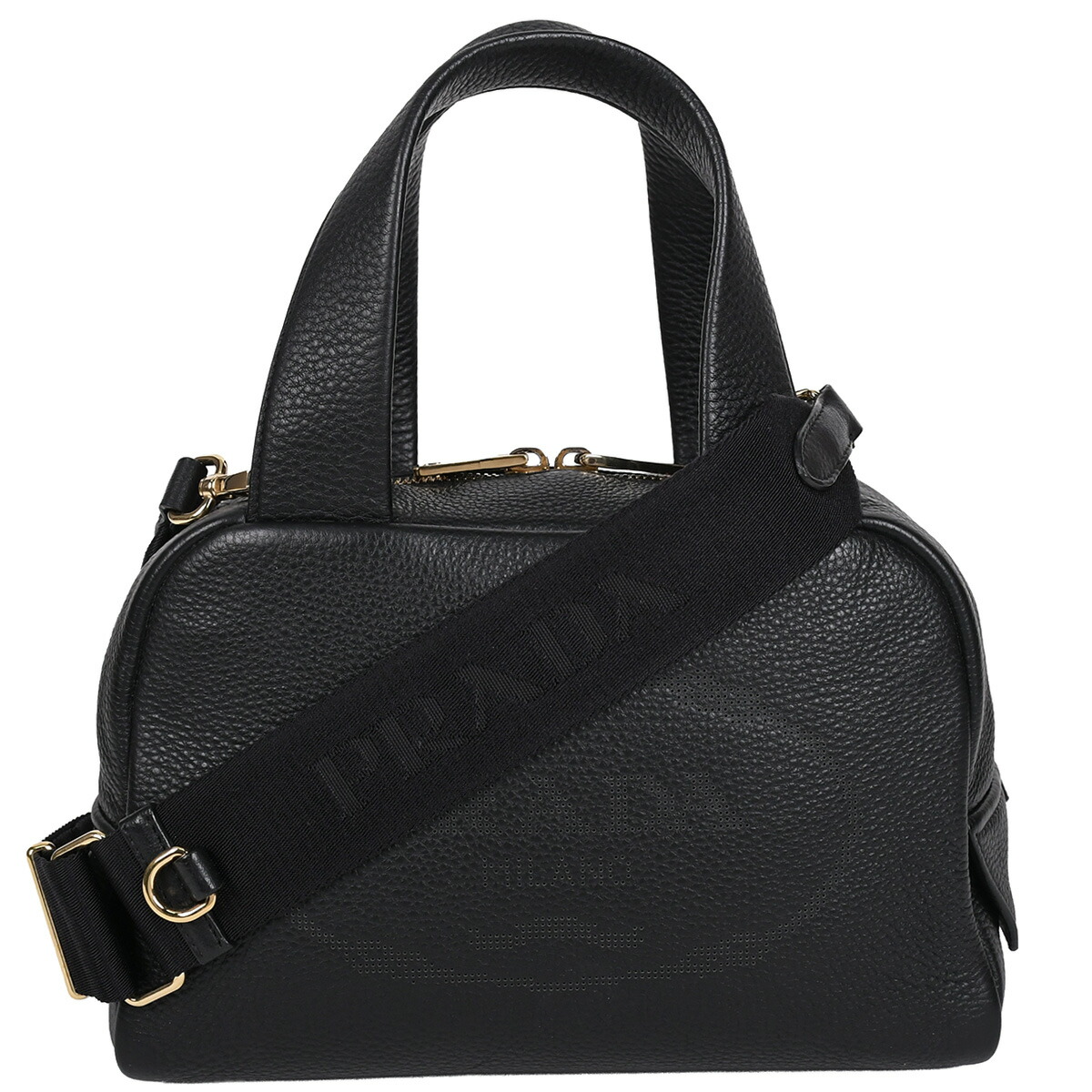 【クーポンでお得×さらにポイント5倍】 プラダ PRADA トップハンドルバッグ パンチングロゴ ミニ ボストン 2way ハンドバッグ ショルダーバッグ レザー ネロ ブラック 黒 1BB078 【中古】