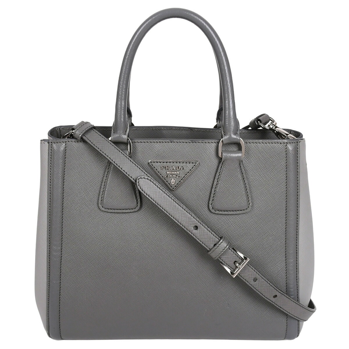 【クーポンでお得×さらにポイントUP】 プラダ PRADA ガレリア トライアングルロゴ 2way ハンドバッグ ショルダーバッグ レディース サフィアーノ レザー グレー シルバー金具 BN2608 【中古】