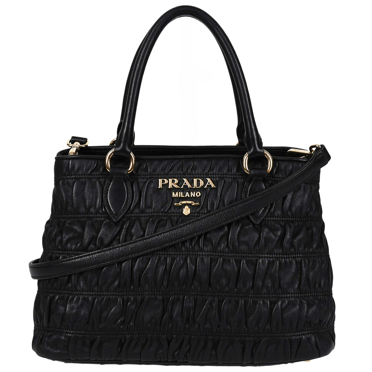 プラダ PRADA メタルロゴ 2way ハンドバッグ トートバッグ ショルダーバッグ プリーツ レディース レザー ブラック 黒 ゴールド金具 1BA173【中古】