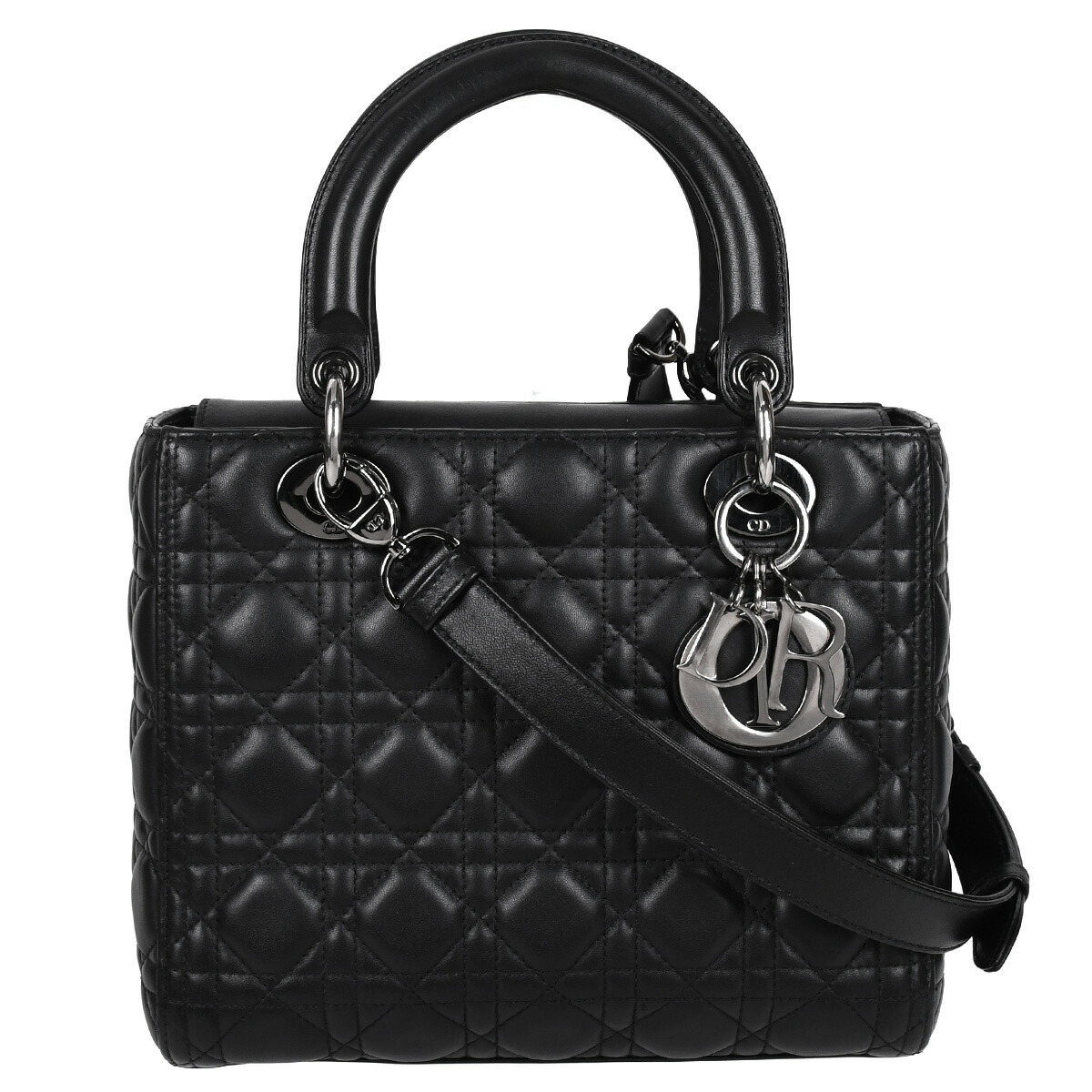 【クーポンでお得×さらにポイント5倍】 ディオール DIOR LADY DIOR レディディオール ミディアム ハンドバッグ 2way ショルダー カナージュ レディース レザー ブラック 黒 シルバー金具 M0565【中古】