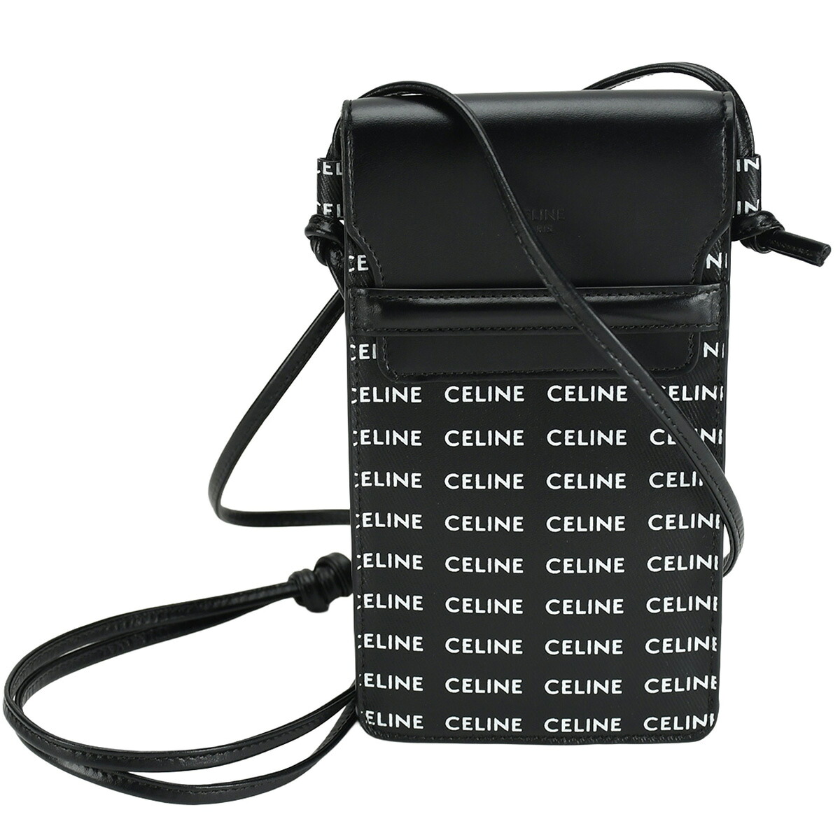 【クーポンでお得×さらにポイントUP】 セリーヌ CELINE フォンポーチ フラップ付き モバイルポーチ ロゴ プリント 10G332 レザー ブラック 黒 ショルダー ポシェット クロスボディ 【中古】