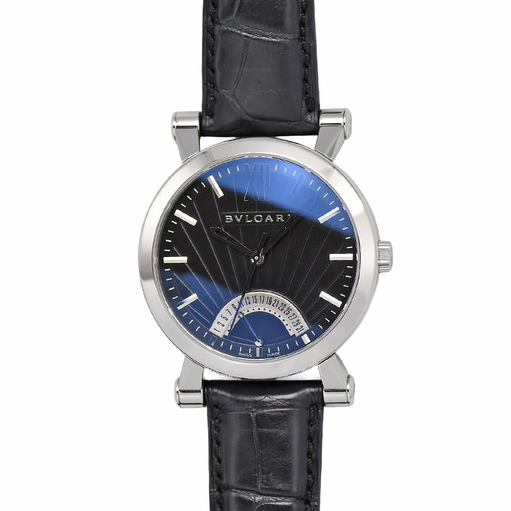 【クーポンでお得×さらにポイントUP】 BVLGARI ソティリオ ブルガリ オートマティック メンズ 自動巻 レトログラード式デイト SS/レザー ブラック 黒文字盤 SB42BSLDR 【中古】|ブランドリユース SUNREV サンレブ