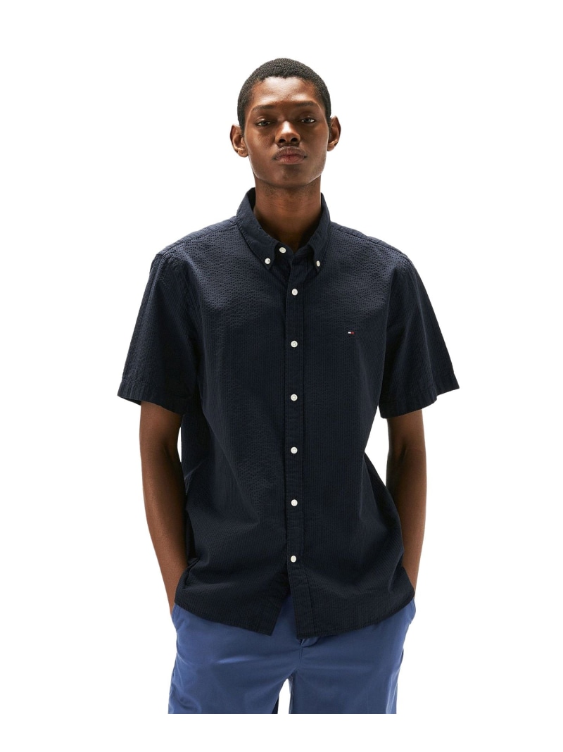 【SALE／50%OFF】シアサッカーソリッドレギュラーフィットショートスリーブシャツ TOMMY HILFIGER トミーヒルフィガー トップス シャツ・ブラウス ブルー ネイビー ホワイト【RBA_E】【送料無料】[ Fashion]