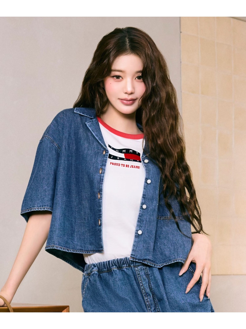 シャンブレークロップドショートスリーブシャツ26SS TOMMY JEANS トミーヒルフィガー トップス シャツ・ブラウス ブルー【送料無料】[ Fashion]