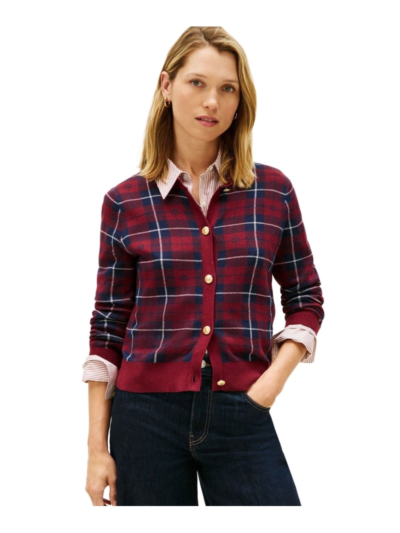 タータンフラッグジャカードクルーネックカーディガン TOMMY HILFIGER トミーヒルフィガー トップス ニット ワインレッド【送料無料】[ Fashion]｜TOMMY HILFIGER