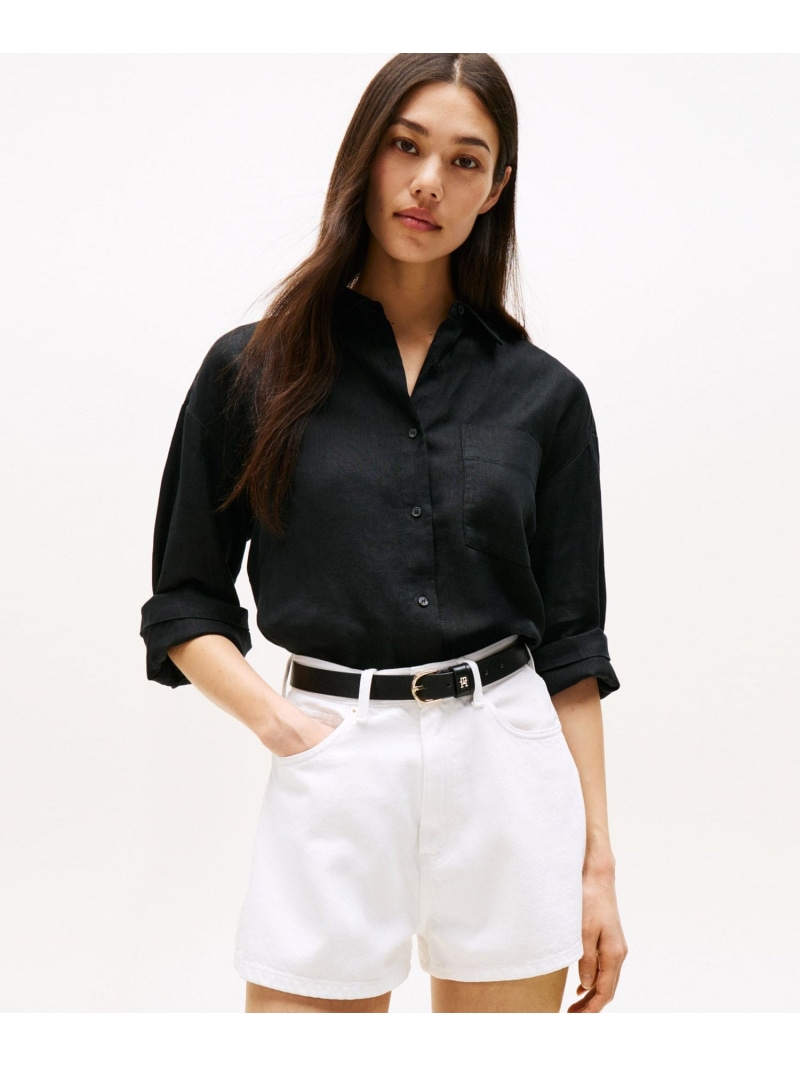 リネンイージーシャツ TOMMY HILFIGER トミーヒルフィガー トップス シャツ・ブラウス ホワイト ブラック【送料無料】[ Fashion]
