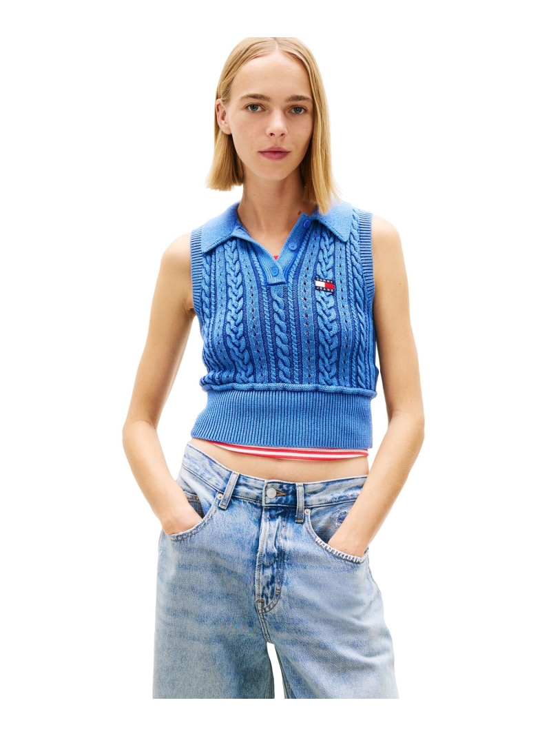 ガーメントダイケーブルポロセーター TOMMY JEANS トミーヒルフィガー トップス ニット ホワイト ブルー【送料無料】[ Fashion]