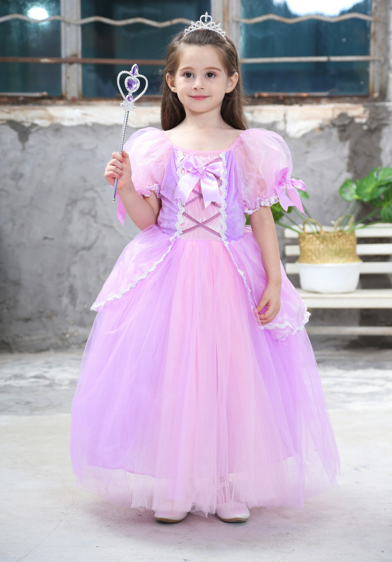 子供ドレス 　なりきり　お姫様　コスチューム ハロウィン クリスマス 子供服 ワンピース　 塔の上のラプンツェル パープル　誕生日 発表会 ステージ服 変装 演出 演劇 宴会 文化祭 学園祭　ギフト ロングワンピース プリンセンス ドレス画像