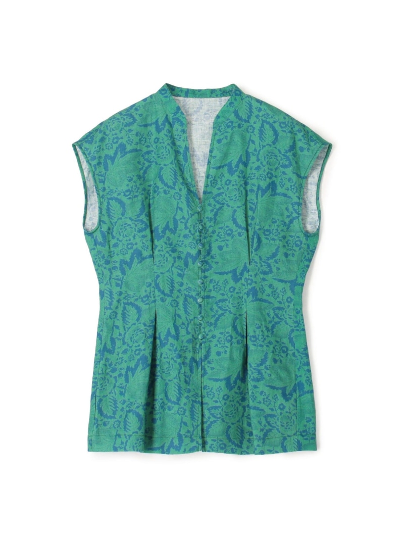 SOULEIADO◆24SS/コットンラミープリント フレアスリーブブラウス/36/コットン/GRN/75-01-42-01604 コットンボイルプリント ノースリーブブラウス