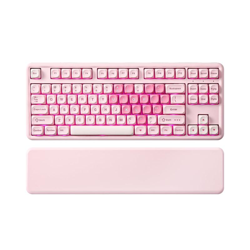 B87 ワイヤレスメカニカルキーボード ゲーミングキーボード BT5.0/2.4G/USB-C NKRO QMK/VIAソフトウェアカスタム MOAキーキャップ ガスケット RGB リストレスト Win/Mac用 (ピンク, ココアクリームV2|TOMstore