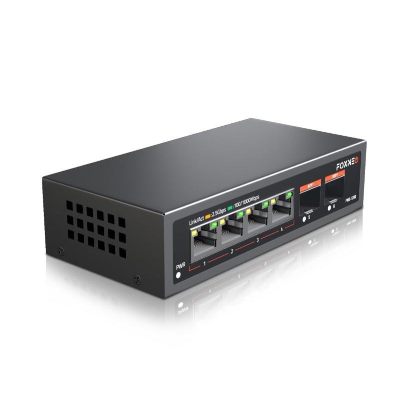 FOXNEO 2.5gbps スイッチングハブ 6ポート（4x2.5G RJ45と2x10G SFP+）搭載 個人や家庭向けのスイッチングハブ 静音ファンレス設計 デスクトップや壁掛け設置可能 金属筐体 プラグアンドプレイ アン
