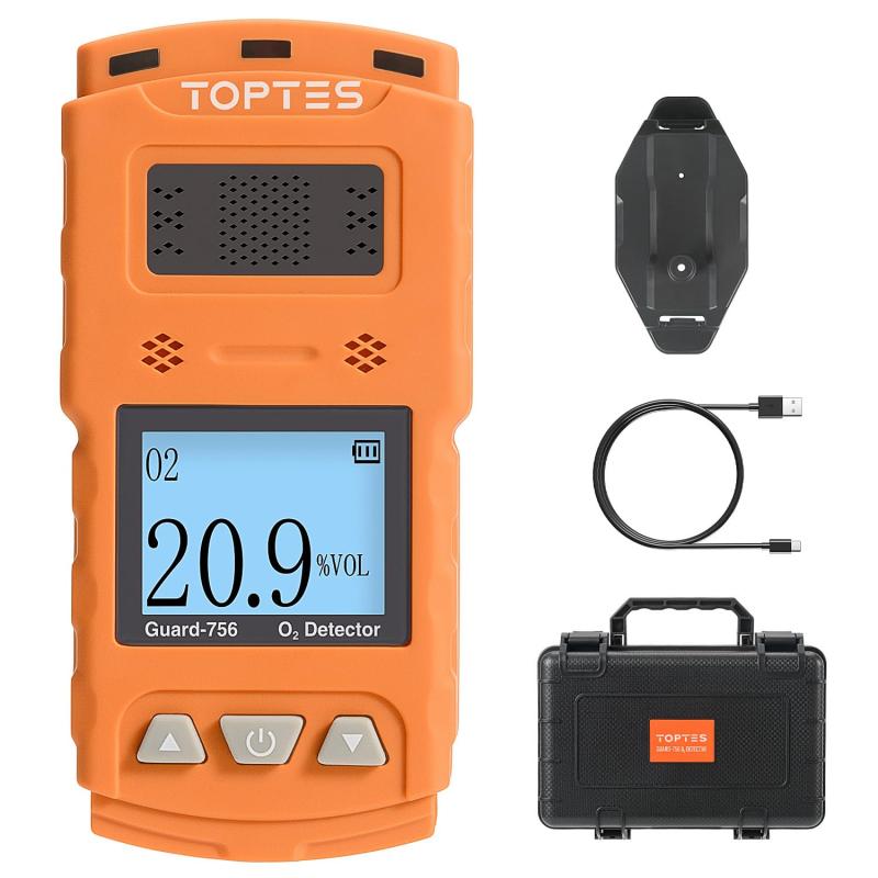 TopTes Guard-756 アップグレード型酸素検出器、0-30%VOL、携帯型O2モニター、0.5秒の高速応答、TYPE-C 充電式酸素計、振動・視覚・音声アラーム付き、防塵・防爆仕様、職場や家庭用、日本語取扱