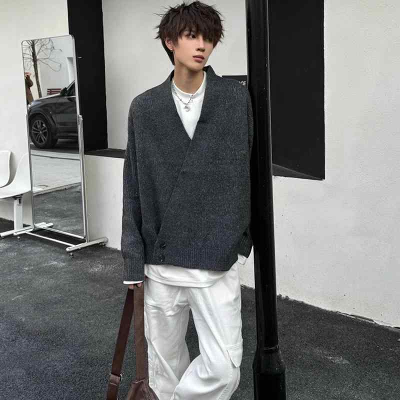 カーディガン メンズ Vネック ニット カーディガン 秋冬 厚手 灰色 ポリエステル リラックス ルーズ カジュアル 男性用 トップス