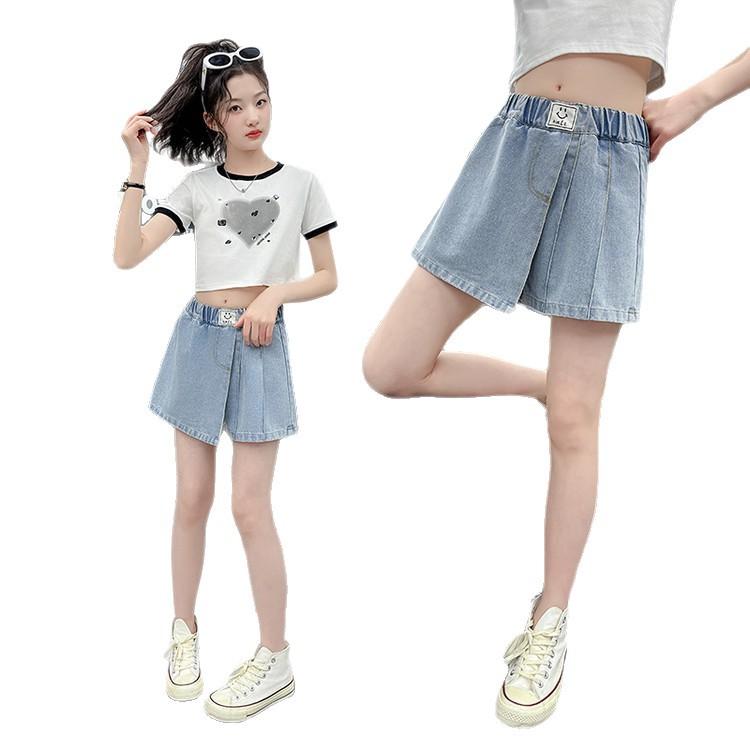 子供服 デニムショートパンツ ガールズ 女の子 女児 カジュアル ハーフパンツ 短パン 薄手 ゆったり 5分丈 キュロット スカート風 夏 B類 120cm 130cm 140cm 150cm 160cm 170cm