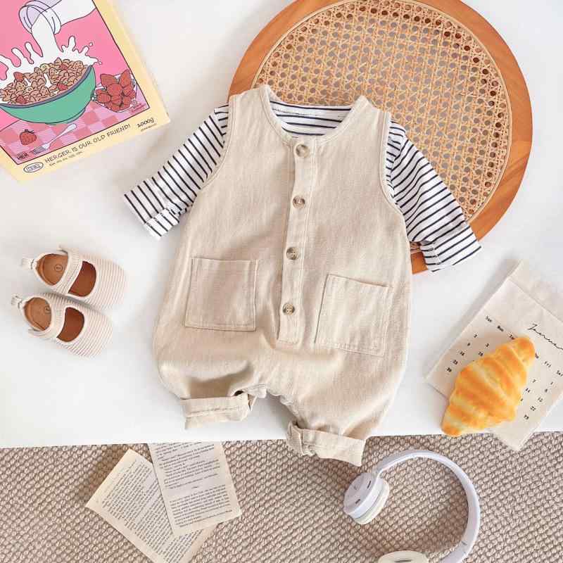 ベビー服 ロンパース 春秋 新生児 赤ちゃん 男の子 女の子 薄手 デニム風 サロペット風 韓国風 かわいい 66cm 73cm 80cm 90cm