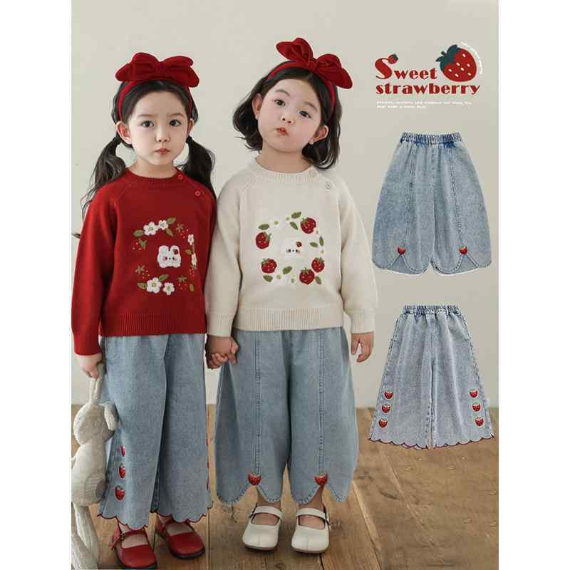 子供服 女の子 デニムパンツ いちご刺繍 柔らかい コットン 9分丈パンツ ジーンズ かわいい ガールズ 女児 キッズ ベビー 80cm 90cm 100cm 110cm 120cm 130cm 140cm