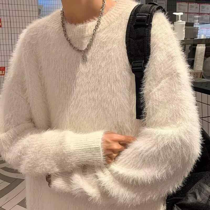 ニット メンズ ニットセーター 秋冬 厚手 防寒 暖かい クルーネック プルオーバー ゆったり リラックス リブ裾 カジュアル ストリート ホワイト ブラック グレー ポリエステル