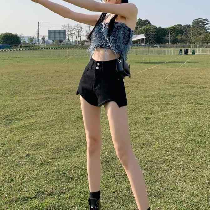 デニム レディース ショートパンツ 黒 高見え 薄手 ハイウエスト Aライン スタイルアップ ホットパンツ 通勤 カジュアル 普段使い 綿 ポリエステル ブラック XS S M L XL 2XL