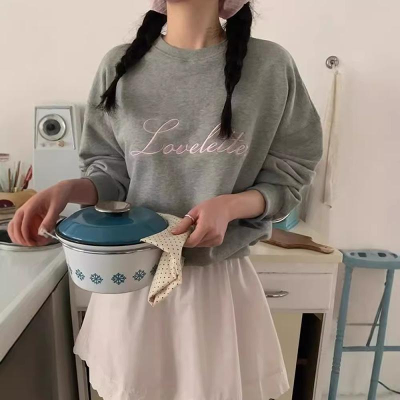 パーカー レディース 韓国風 レトロ 刺繍 ゆったり スウェット プルオーバー 長袖 トップス 灰色 紺色 ラウンドネック 普段使い 通勤 通学 ポリエステル