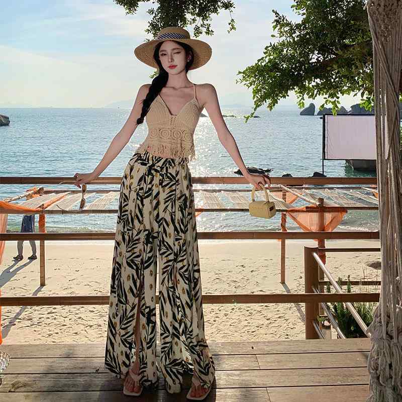 スカート レディース ボヘミアン ビーチ リゾート ワンピース 薄手 スリット ワイドレッグ パンツ 花柄 ロングパンツ ポリエステル 接触冷感 ウエストゴム 春夏