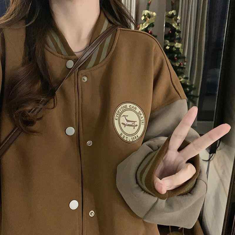 スタジアムジャンパー レディース 秋冬 欧米風 Vネック カーディガン スウェット トレーナー 配色 ポリエステル ブラック 黒 ベージュ ゆったり 大きめサイズ