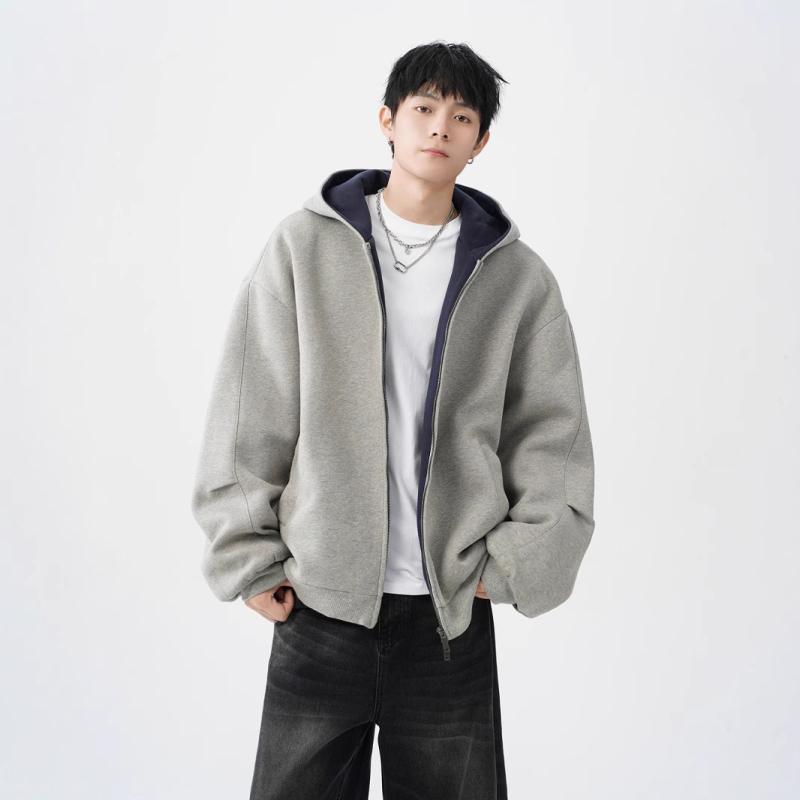スウェット メンズ パーカー ジップアップ 配色 切り替え コットン 裏起毛 厚手 ビッグシルエット Vネック 韓国風 カジュアル 普段使い 春秋冬 グレー ブラック