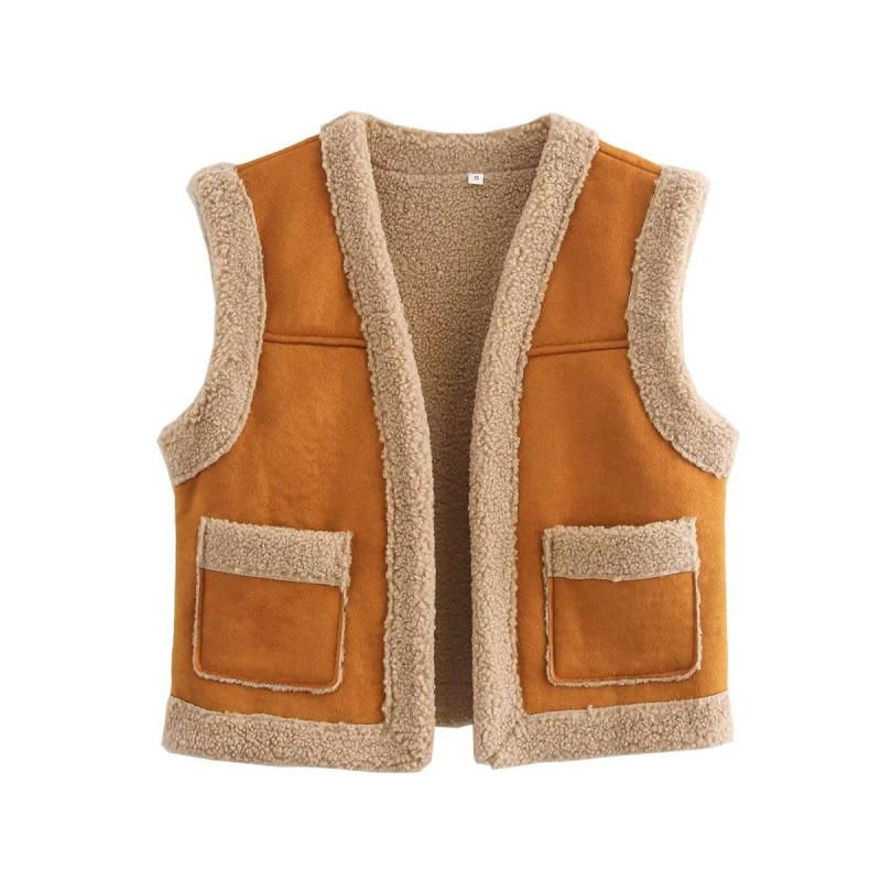 ベスト レディース 婦人服 秋冬 欧米風 ストリート ポケット付き ポリエステル ショート丈 ブラウン 茶色系 スタイル
