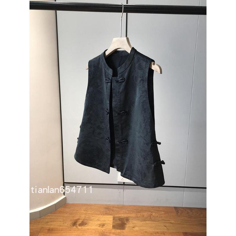 ベスト レディース 羊皮 立ち襟 チャイナ風 ノースリーブ スリムフィット ブラック 文芸 レトロ 上着｜トミーショップ 店