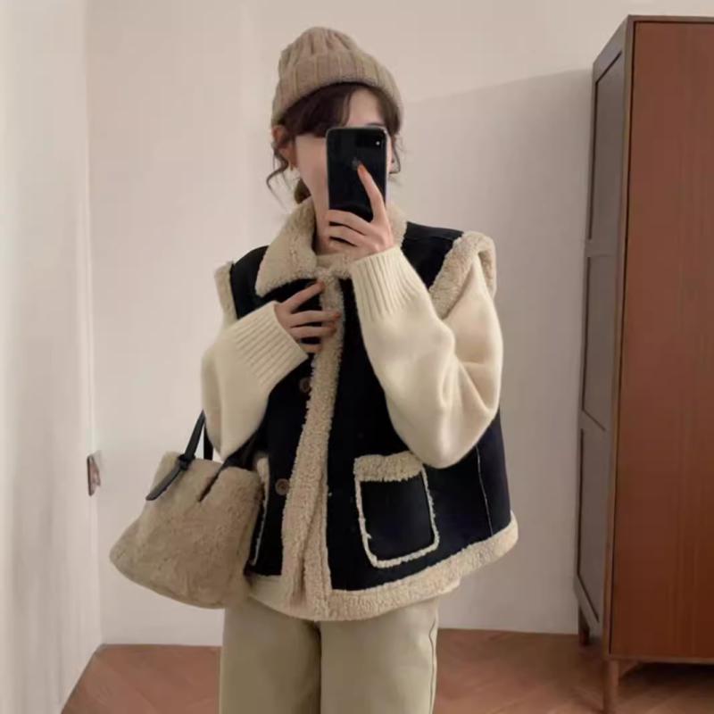 ベスト レディース 韓国風 ポリエステル 秋冬 シープボア フェイクファー ショート丈 裏ボア あったか 防寒 ゆったり 黒 S M L XL 2XL