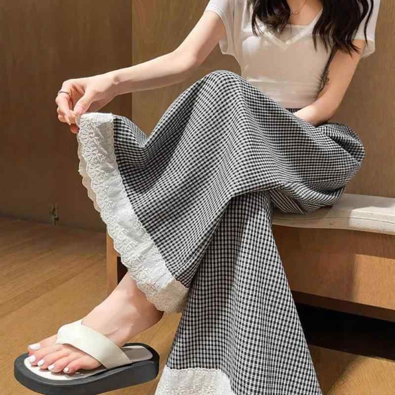パンツ レディース レース 花柄 格子柄 ワイドレッグパンツ 9分丈 ポリエステル 高見え 美脚 黒 白 春 通勤 ゆったり かわいい