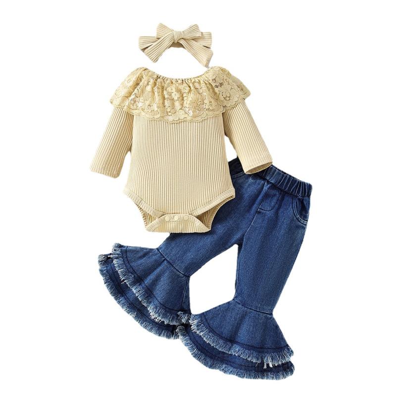 ベビー服 女の子 レース ハーフトップス デニム パンツ 上下セット 春秋 70 80 90 100cm