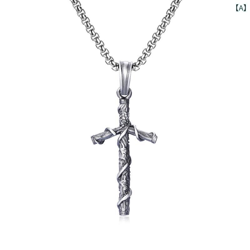 メンズ ネックレス 十字架 ペンダント ヒップホップ スタイル アクセサリー 吊り下げ飾り チタン スチール 素材 ポリッシュ加工 ヴィンテージ デザイン ユニセックス 通用 形状 パターン アクセント 21g 軽量 61-70cm 長さ 調整可能 クロ