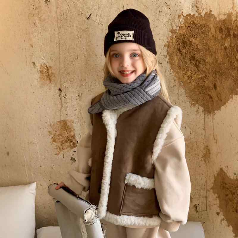 子供服 ベスト 皮毛一体 アウター 秋冬 女の子 男の子 韓国風 袖なし ジャケット ベビー おしゃれ チョッキ 厚手 防寒着 90cm 100cm 110cm 120cm 130cm コーヒー色