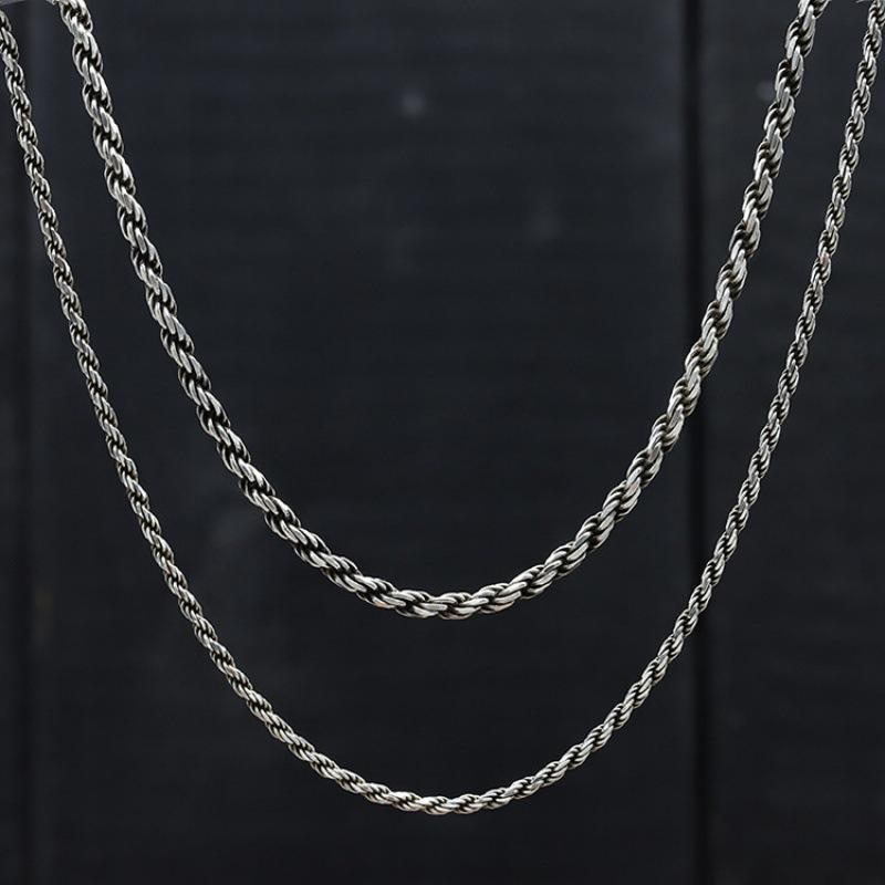ネックレス ユニセックス 925シルバー 麻縄 ロープチェーン 3mm 細め ロングチェーン 鎖骨チェーン 復古風 ヴィンテージ加工 個性派 シンプル 潮人 ファッション 軽量 手作り 軽奢スタイル 日常使い 通勤対応 形状デザイン 春夏向け｜トミーショップ 店