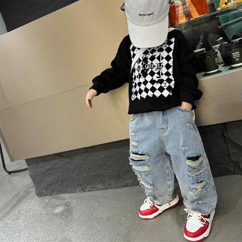 子供服 デニムパンツ 春秋 子供用 ジーンズ ロングパンツ 穴あきデザイン ウエストゴム仕様 90cm 100cm 110cm 120cm 130cm 綿95% カジュアル
