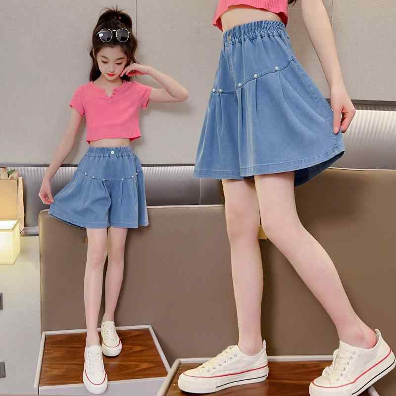 キッズ デニムショートパンツ ガールズ 子供服 女の子 夏 ワイドレッグ キュロットスカート 薄手 ゆったり かわいい コットン ブルー 120cm 130cm 140cm 150cm 160cm 170cm