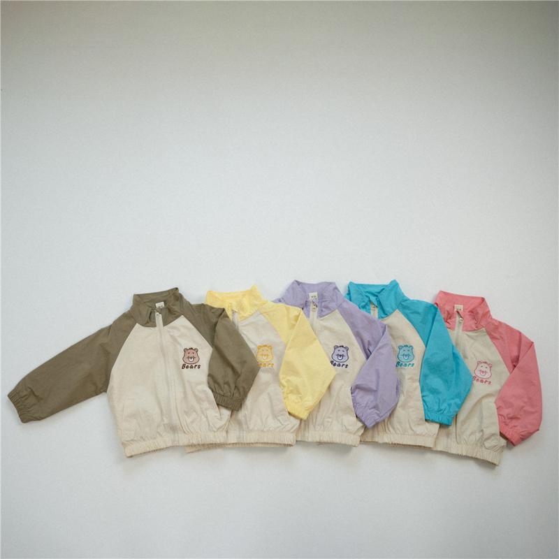 子供服 アウター 春秋 配色 刺繍 小熊 春 ジップアップ ジャケット 春季 男の子 幼児 上着 ポリエステル繊維 イエロー ピンク系 パープル ブルー