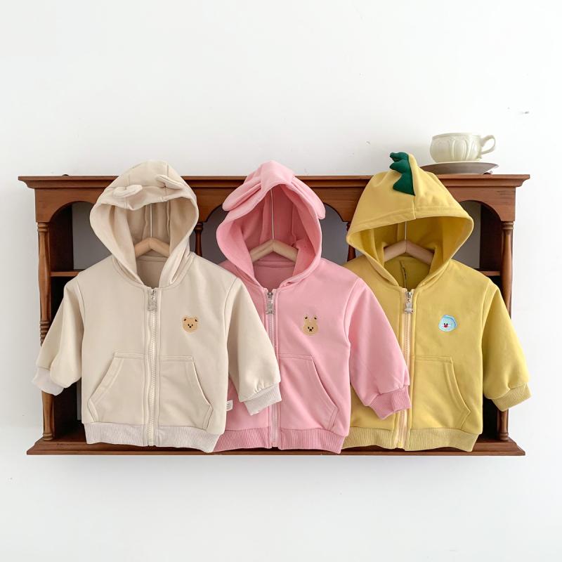 キッズ ジャケット 春秋 かわいい動物柄 フード付き ベビー服 ジップアップ コットン アウター 長袖 73CM 80cm 90cm 100cm 杏色 ピンク イエロー