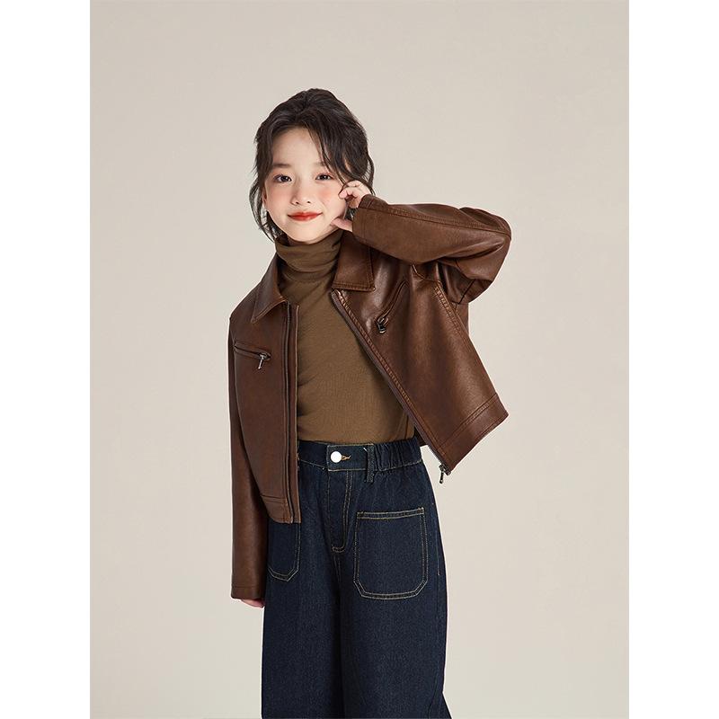 キッズ ジャケット 女の子 アウター 春秋 PUレザー 襟付き ジップアップ ブルゾン 子供服 ショート丈 トップス ガールズ かわいい おしゃれ ブラウン系|トミーショップ 店