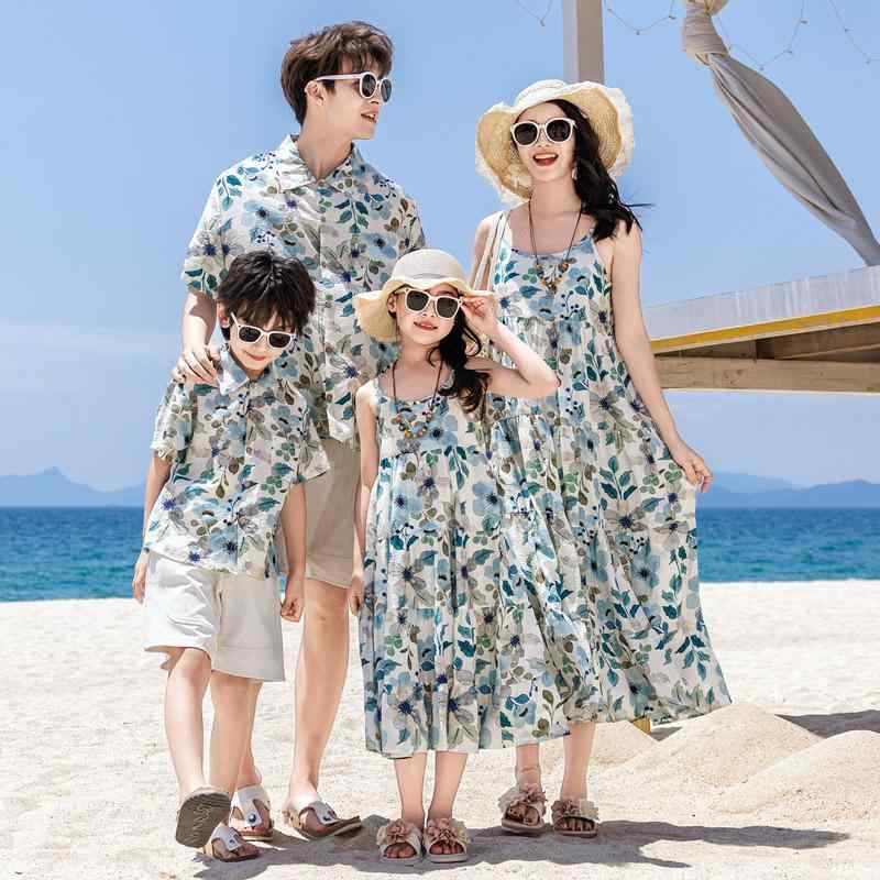 親子服 レディース ワンピース メンズ シャツ ビーチ リゾート 旅行 ボヘミアン エスニック風 天竺綿 春夏